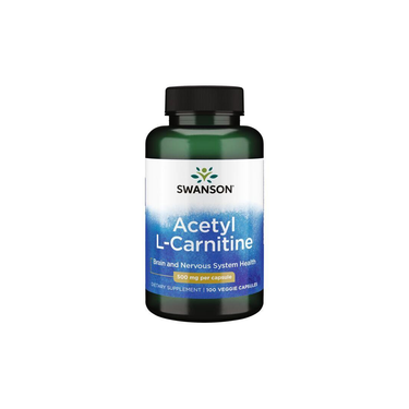 A bottle of Swanson Acetyl L-Carnitine 500 mg, containing 100 veggie capsules, promotes energy production and supports brain and nervous system health.